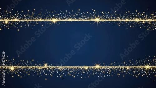 Golden glitter particles and starbursts on dark blue background