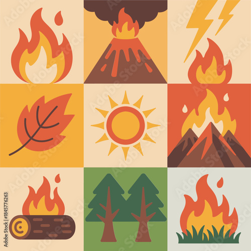Wildfire disaster icon collection, burning forest volcano lightning symbols, emergency hazard awareness theme, flat vector illustration design pack
