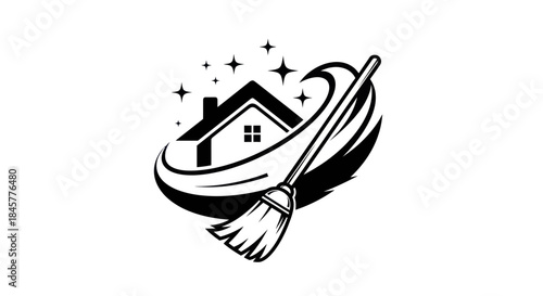 Cleaning service logo with house and broom icon.