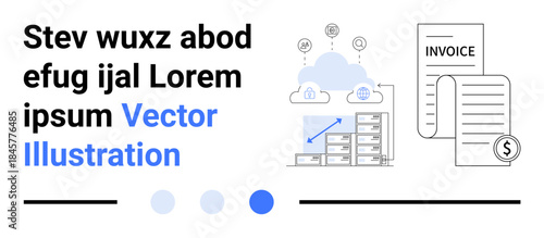 Blue cloud above server racks with data icons, upward graph, invoice documents, and money symbol. Ideal for business, technology, finance, cloud storage, analytics e-commerce and a simple landing