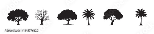 Set of six silhouette tree icons representing different species and seasons isolated on white background
