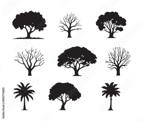 Nine silhouette icons of various trees including leafy bare and palm varieties perfect for nature graphics