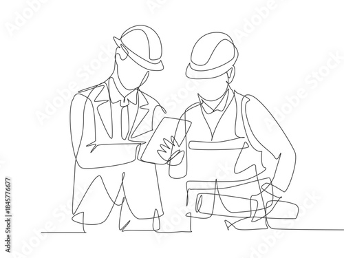 Top view cad drawing set for architectural projects, executive men standing. Construction people in lines project drawing architects and workers editable vector 