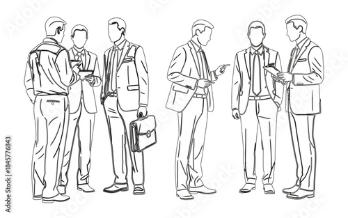 Top view cad drawing set for architectural projects, executive men standing. Construction people in lines project drawing architects and workers editable vector 