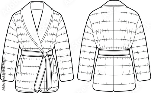 Belted short puffer jacket CAD drawing, flat vector illustration, front and back view, technical winter coat sketch, fashion design