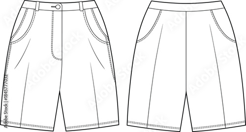 Bermuda shorts flat sketch, vector technical drawing, knee length shorts cad, front back view, kidswear template, fashion garment outline