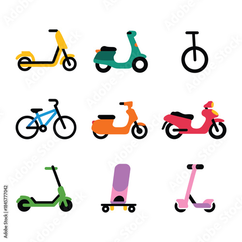 Micro mobility icon collection, kick scooter skateboard bicycle symbols, youth urban transport theme, bright flat vector illustration pack