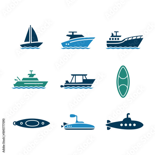 Watercraft icon collection, boat ship submarine kayak symbols, maritime transportation theme, modern flat vector illustration design graphic pack