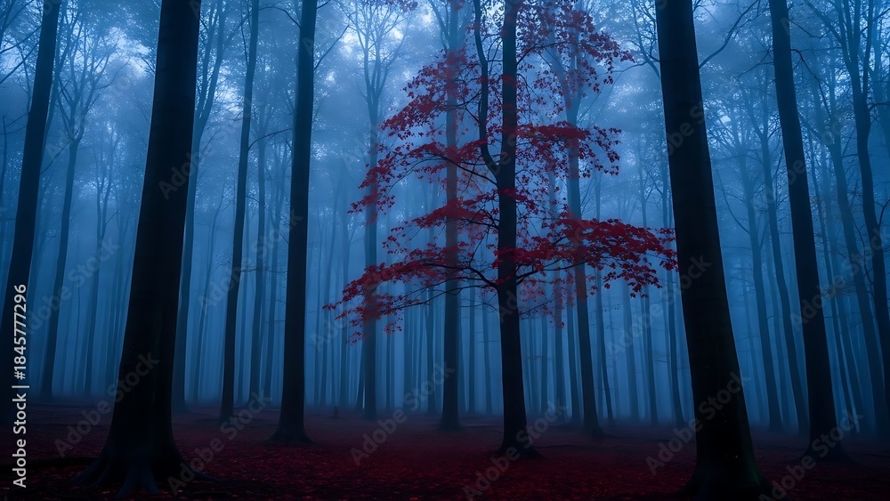 Obraz premium A vibrant red tree stands out amongst the blue misty forest, creating a hauntingly beautiful scene