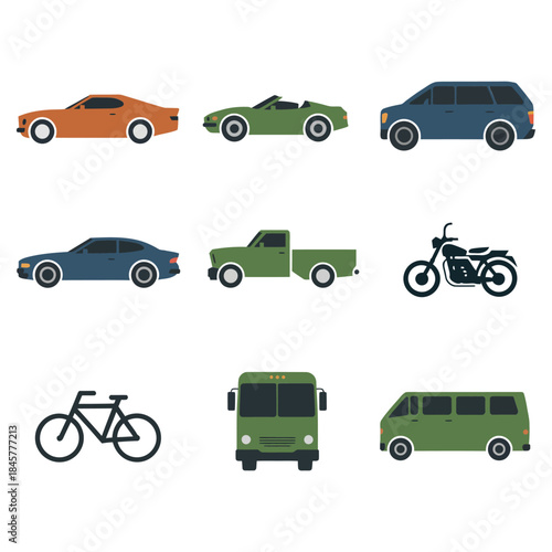 Road vehicle icon set, car van bicycle motorcycle symbols, everyday transportation collection, modern flat vector illustration design assets