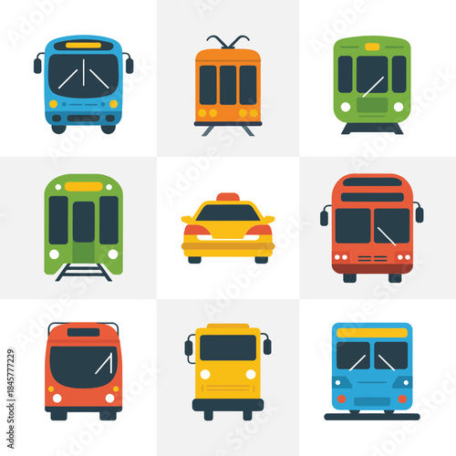 Urban transport vehicle icon set, bus taxi tram metro symbols, daily commuting mobility theme, colorful flat vector illustration