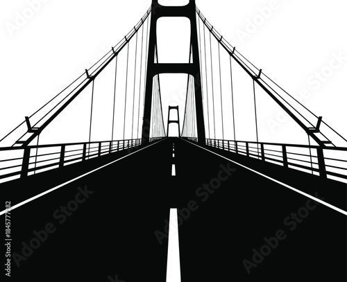 A dramatic black and white silhouette illustration of a suspension bridge road disappearing into the distance