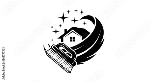 House Cleaning Service Logo with Brush and Sparkling Home.