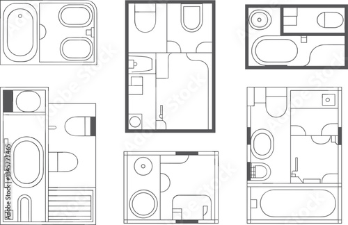 Bathroom layout plan, top view, toilet design blueprint, CAD vector drawing, plumbing arrangement, bath interior sketch, architectural floor layout illustration