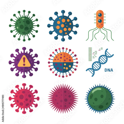 Virus particle icon set, microscopic pathogen shapes, infection warning symbols, biology science theme, colorful flat vector illustration collection