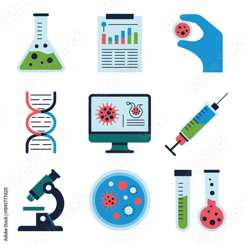Medical laboratory research icon collection, microscope dna test tube vaccine symbols, clinical science innovation theme, clean flat vector illustration