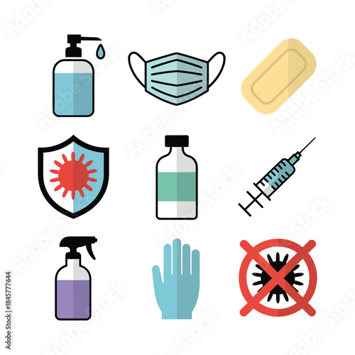Hygiene and safety icon collection, mask sanitizer glove vaccine protection symbols, infection prevention awareness theme, clean flat vector illustration