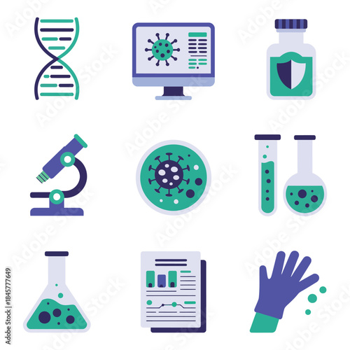 Medical laboratory analysis icons collection with dna helix microscope test reports protective equipment flat vector design elements