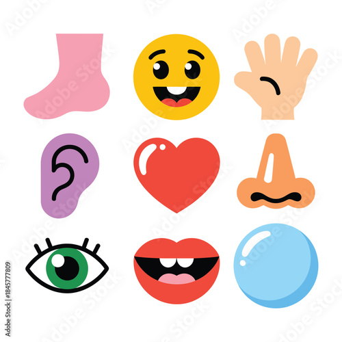 Human body reaction and emotion icons collection with facial expressions senses limbs health symbols flat vector design elements