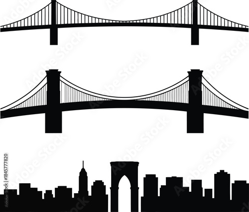 Collection of new york city iconic landmarks and famous bridges silhouettes
