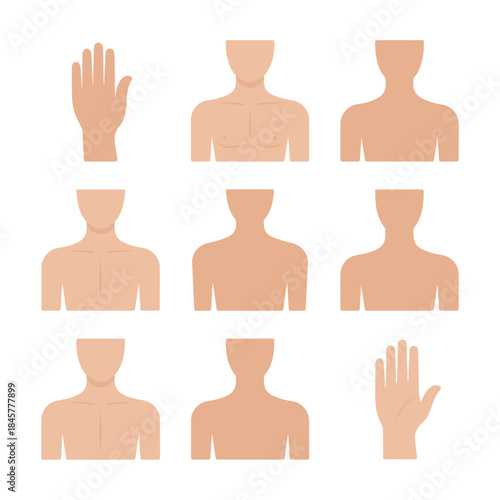 Human body parts icon set with torso shoulders arms hands basic anatomy shapes flat vector illustration collection
