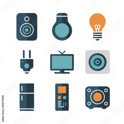 Electronic hardware device icon set with speaker bulb plug television sensor smart equipment flat vector illustration design collection