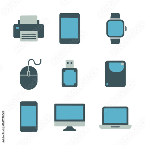 Smart digital device icon set including printer smartphone smartwatch tablet laptop modern technology flat vector illustration collection