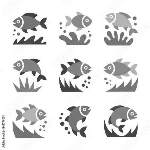 Monochrome fish and aquatic wildlife icon set with swimming fish sea life silhouettes flat vector illustration collection