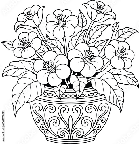 An intricate line art drawing featuring a bouquet of flowers in a highly detailed decorative vase