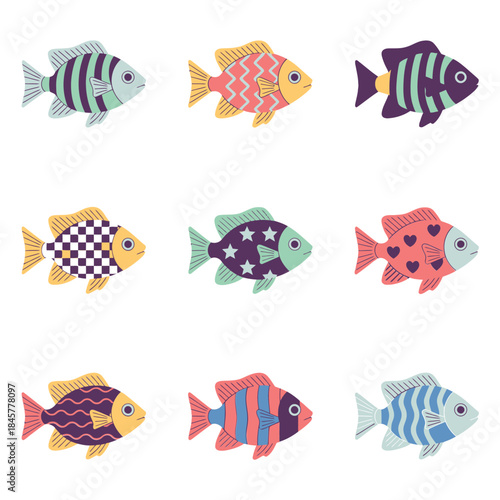 Decorative aquarium fish illustration set featuring colorful patterns fantasy marine animals flat vector design for kids education graphics