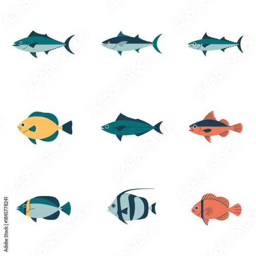 Tropical aquarium fish icon collection featuring colorful exotic species playful shapes flat vector illustration assets for creative projects