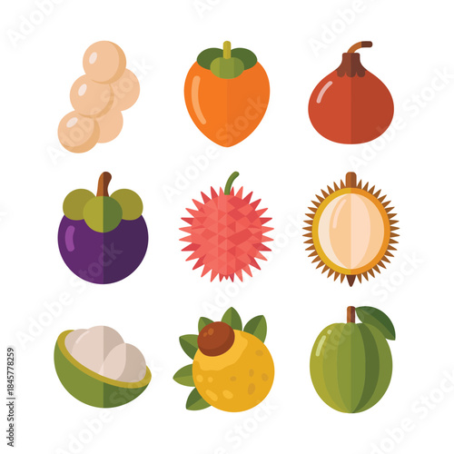 Tropical fruit icon set featuring coconut mango fig citrus varieties colorful flat vector illustration collection for food packaging design
