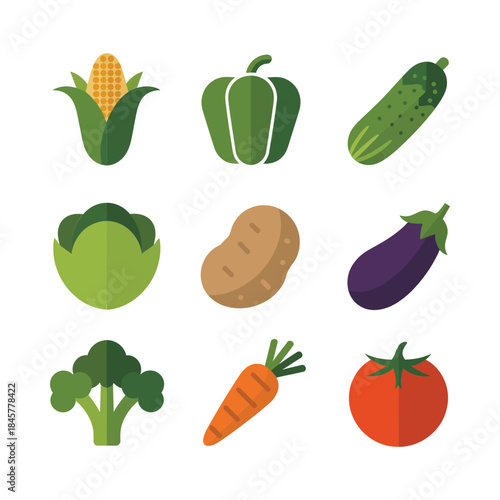 Vegetable icon collection, corn pepper cucumber potato eggplant tomato broccoli carrot, organic farm produce, healthy cooking, flat vector illustration