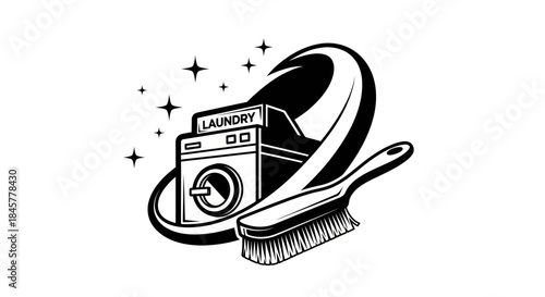 Laundry Service Emblem with Washing Machine and Cleaning Brush.