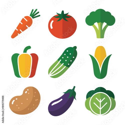 Vegetable icon pack, carrot tomato broccoli corn potato eggplant cucumber symbols, organic nutrition, kitchen ingredients, clean flat vector illustration