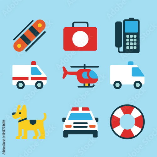 Emergency service icon set, ambulance helicopter police car lifebuoy, rescue transport symbols, public safety, flat vector illustration