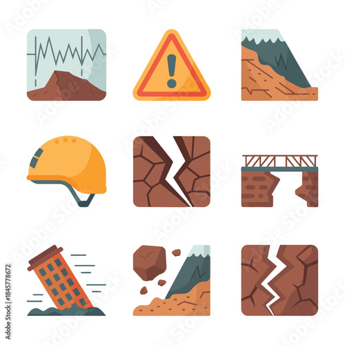 Earthquake damage icons, broken buildings cracks debris safety helmet, disaster response concept, flat vector illustration