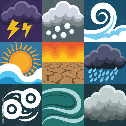 Extreme weather illustration set, lightning tornado snow heat drought rain icons, climate change concept, environmental alert, flat vector design