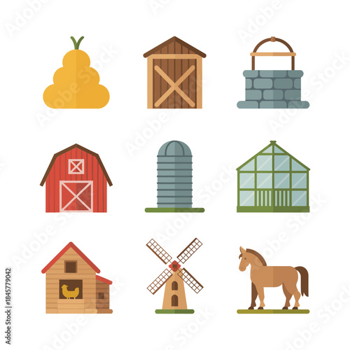 Agriculture farm and countryside icon set featuring barns silos windmills stables wells and rural houses flat vector illustration
