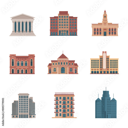 Historic government and public institution building icon set with courthouse museum city hall classical architecture flat vector illustration