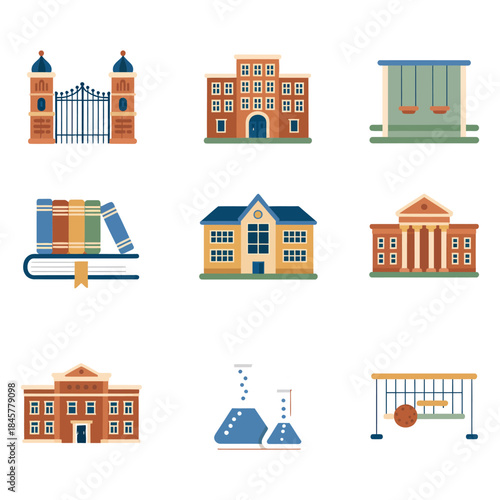 Educational campus and institutional building icon collection with school library college laboratory classroom flat vector illustration