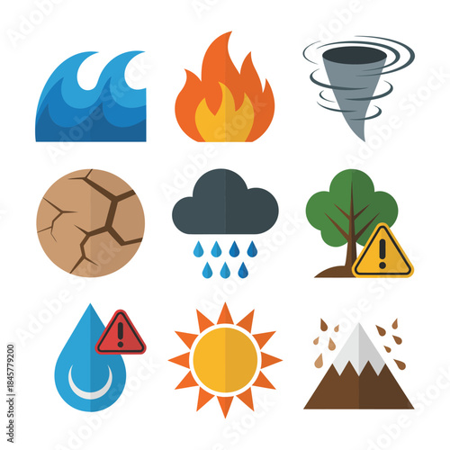 Natural disaster warning icon set with flood fire storm drought climate alert symbols for emergency risk awareness flat vector illustration