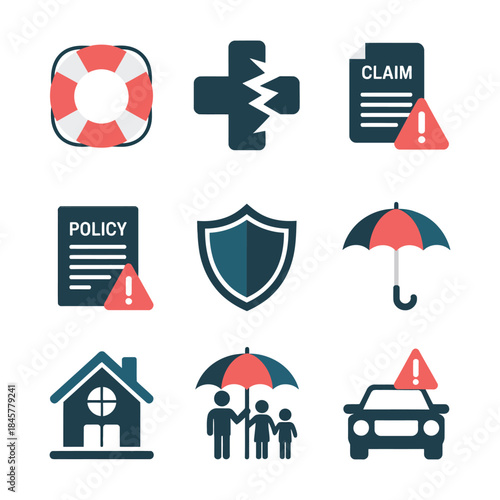 Insurance claim and protection warning icon set with shield policy document umbrella home accident risk alert flat vector illustration