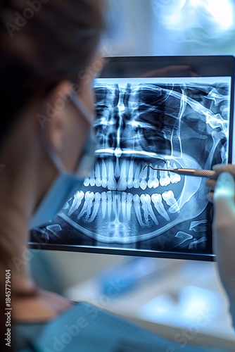 A dental professional studies a detailed x-ray showing teeth and jaw structures in a well-lit clinic. The clinician uses a tool to point at specific areas, emphasizing a careful examination