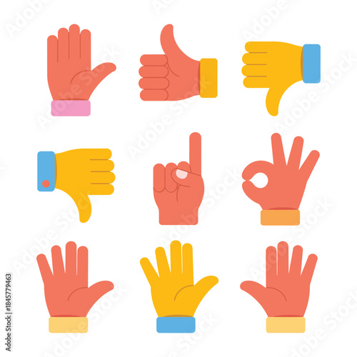 Hand signal and approval gesture icon collection including thumbs up down ok warning flat vector illustration for feedback systems