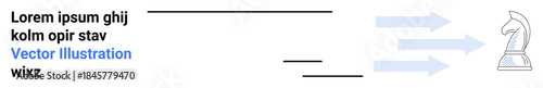Business strategy, leadership, workflow, goal setting, decision-making, innovation. Text lines leading to arrows converging on a chess knight. Business strategy and leadership visualization