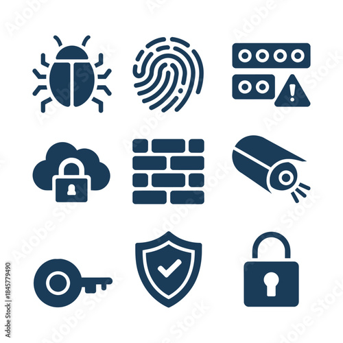 Digital security and privacy icon collection with bug alert cloud lock firewall flat vector illustration for network protection