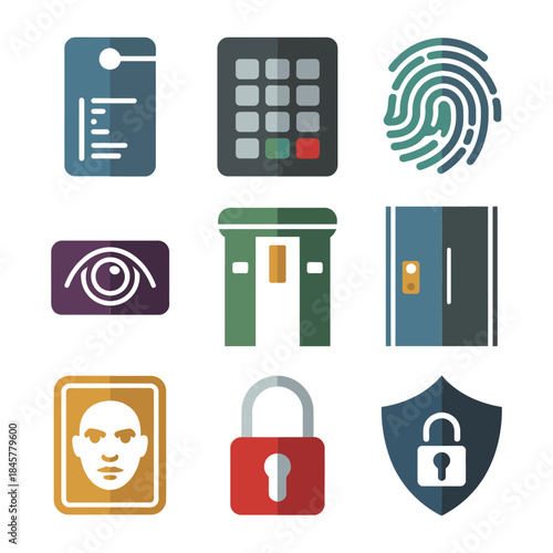 Digital authentication and access control icon set with fingerprint keypad lock face scan flat vector illustration for secure systems