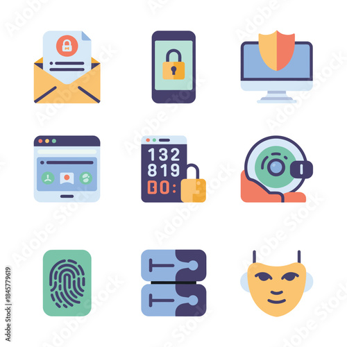Secure communication and account protection icon collection including email lock password card shield flat vector illustration for data safety
