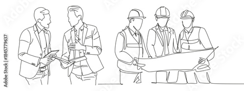 Top view cad drawing set for architectural projects, executive men standing. Construction people in lines project drawing architects and workers editable vector 